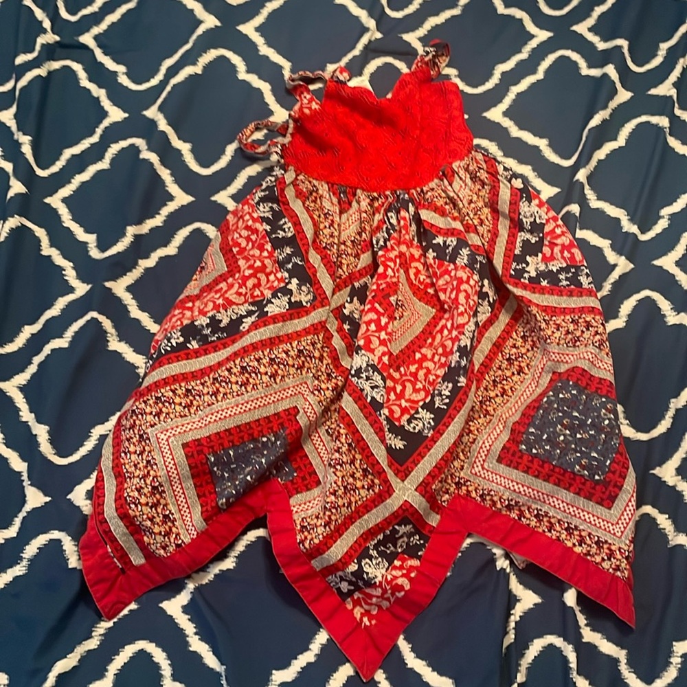 Blueberi Boulevard Red and Navy Patchwork Handkerchief-Hem Girls Dress